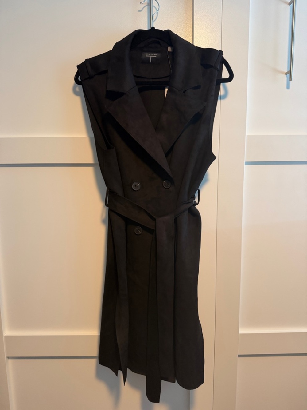 Faux Suede Tahari Black Sleeveless Trench Dress with Belt, size L
